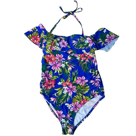 Kona Sol Plus Size Adjustable Tropical Floral One-Piece Swimsuit in Blue Sz 18W - Picture 2 of 6